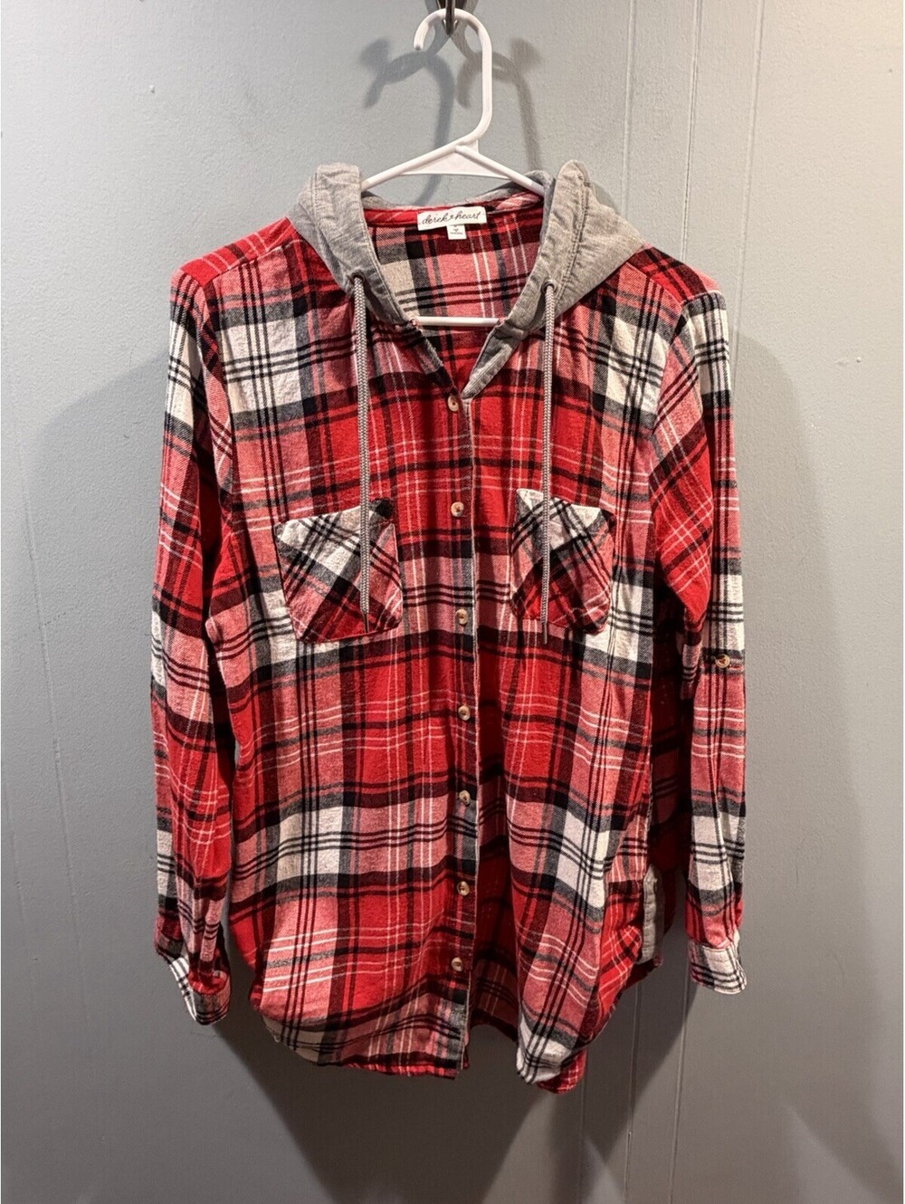 Womens Derek Heart Long Sleeves Shirt Size XL Plaid Multicolor With Hoodie